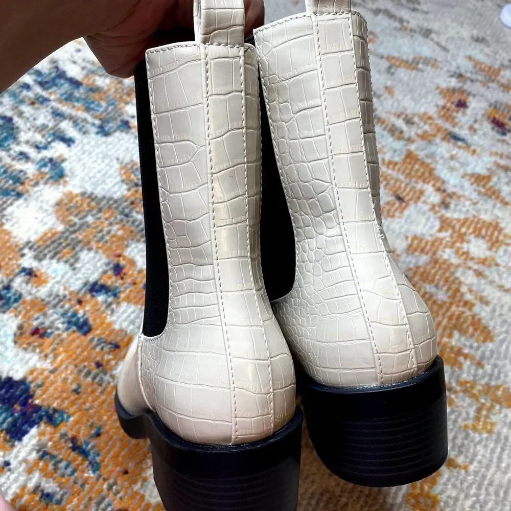 Open Edit Rectangular Toe Stacked Heel Croc-Embossed Ayla Chelsea Boot Ivory 8